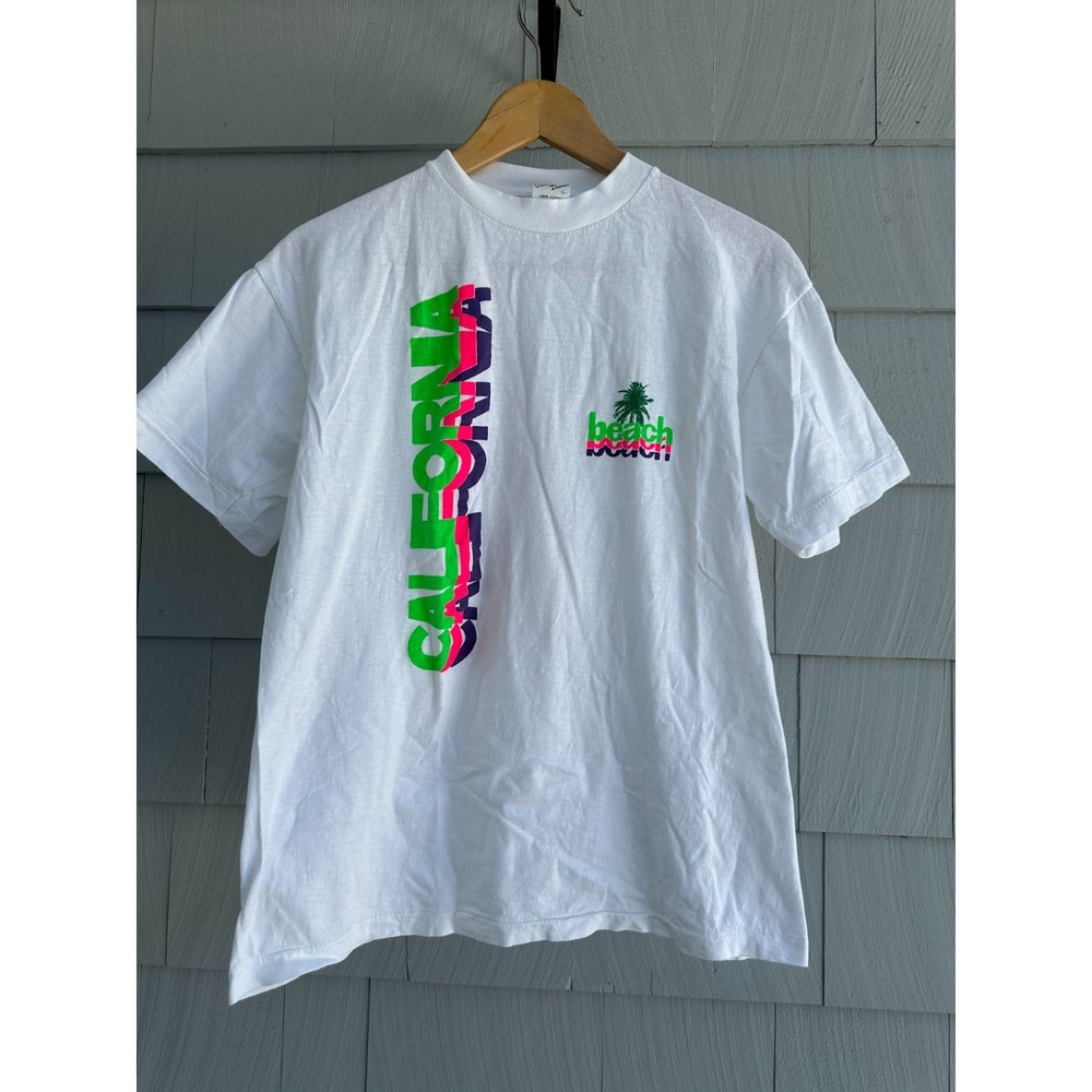 Vintage 90s California Beach T Shirt Caribbean Dream Single Stitch Neon Sz L